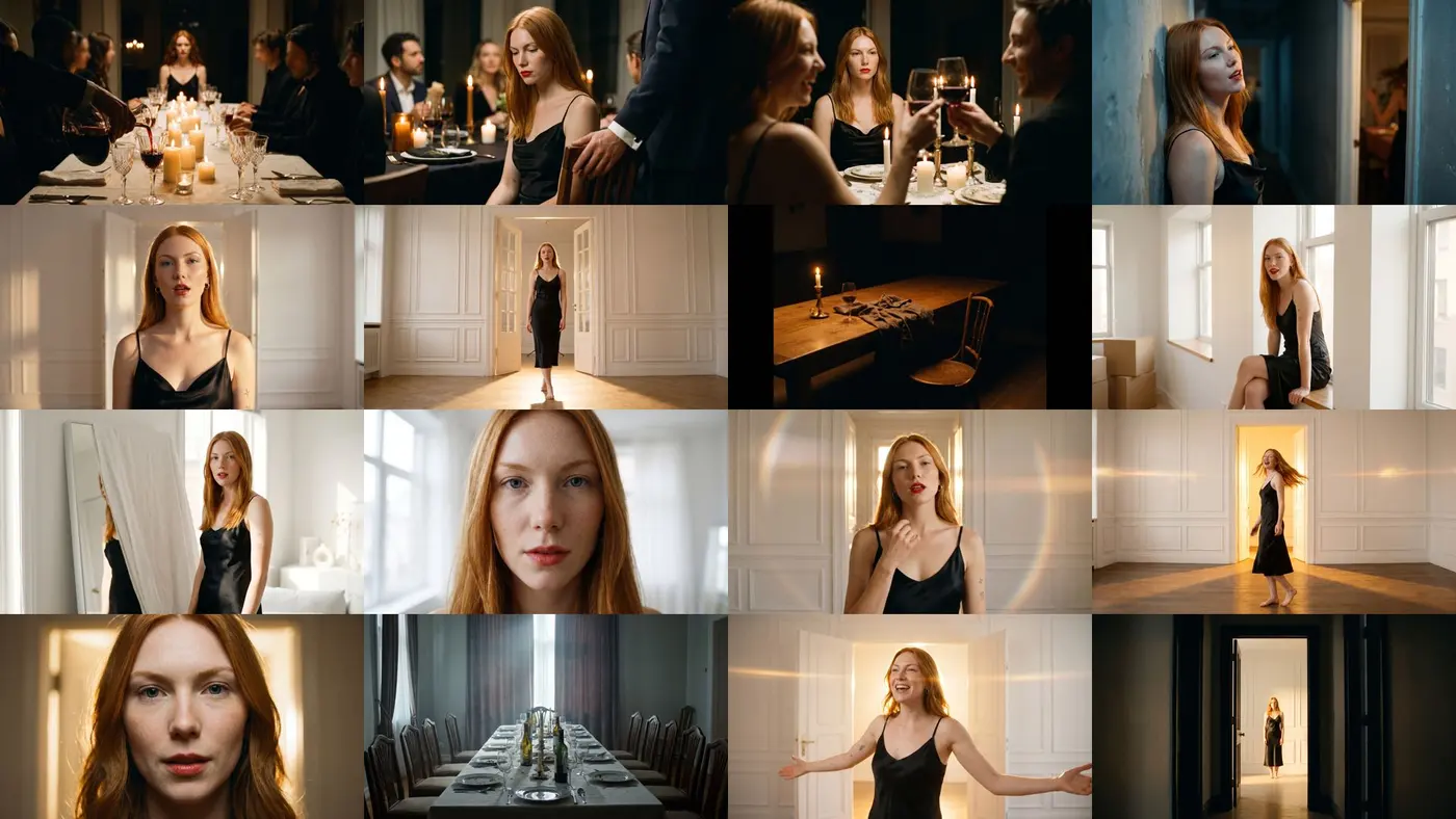 Contact sheet of 16 Nano Banana Pro keyframes: the dinner table, hallway, white room, windowsill, mirror, and doorway