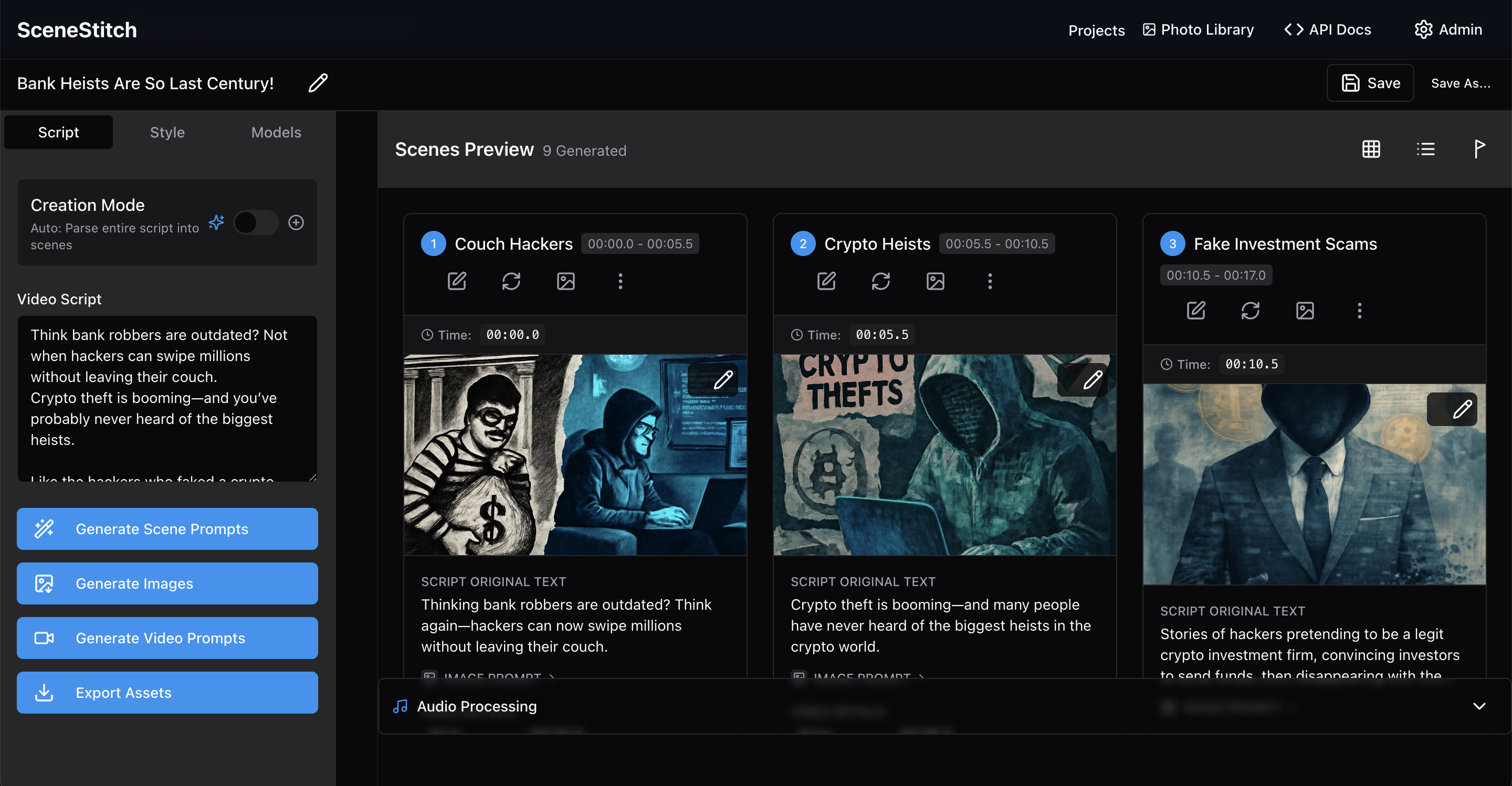SceneStitch dashboard showing script editor, storyboard scenes, and visual style controls
