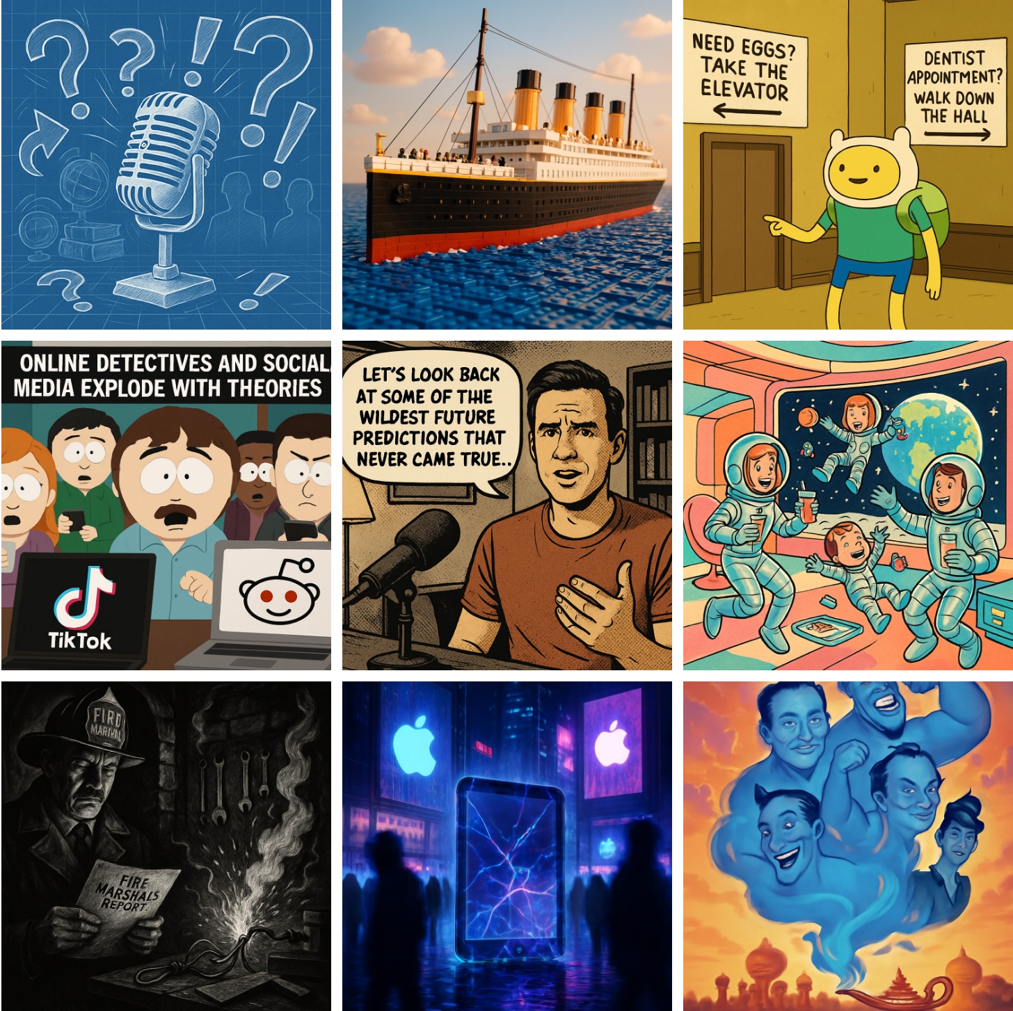 Grid of 9 video thumbnails showing different SceneStitch visual presets from blueprint to cyberpunk