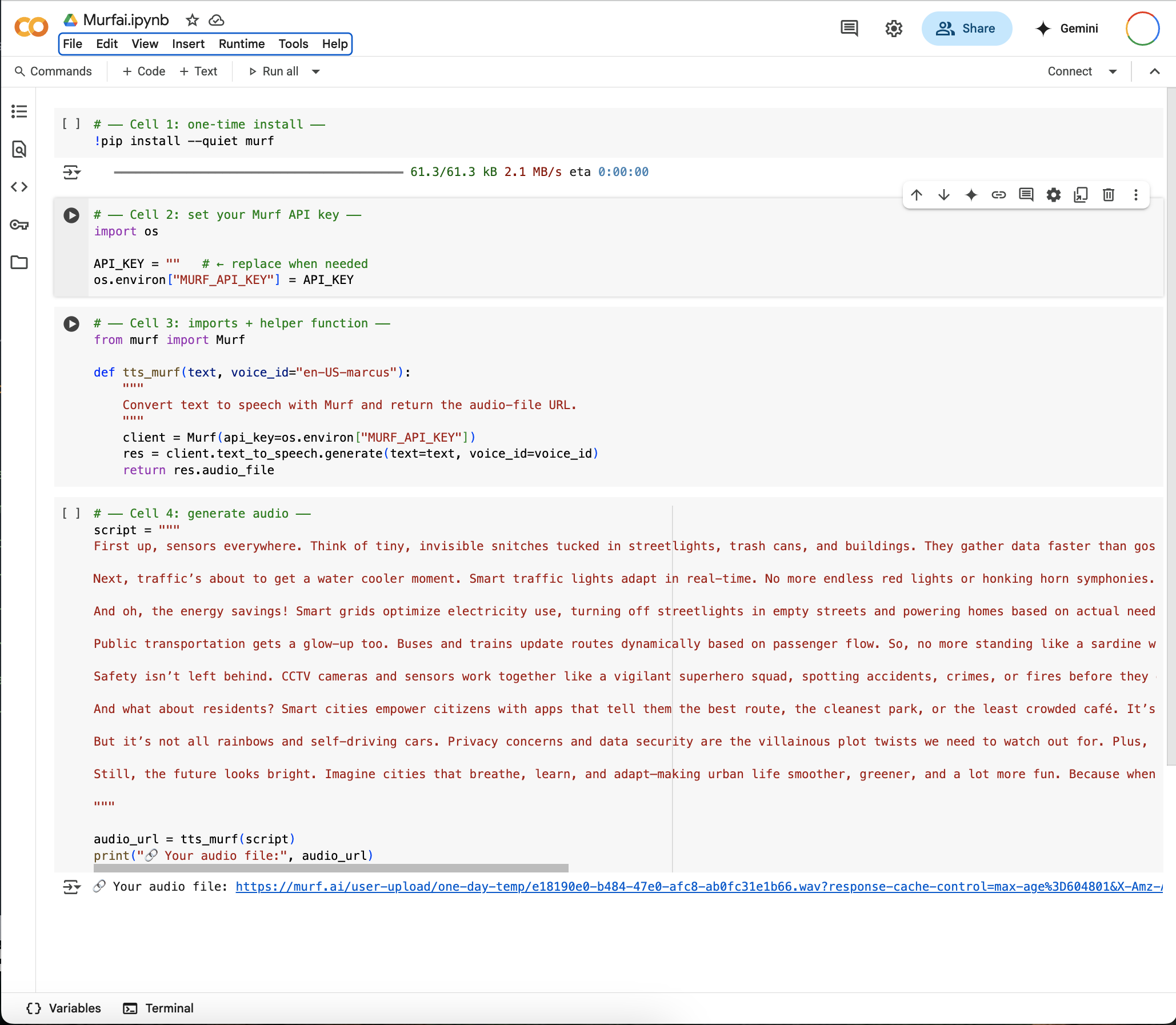 SceneStitch Murf.ai voice generation interface with voice selection and audio controls
